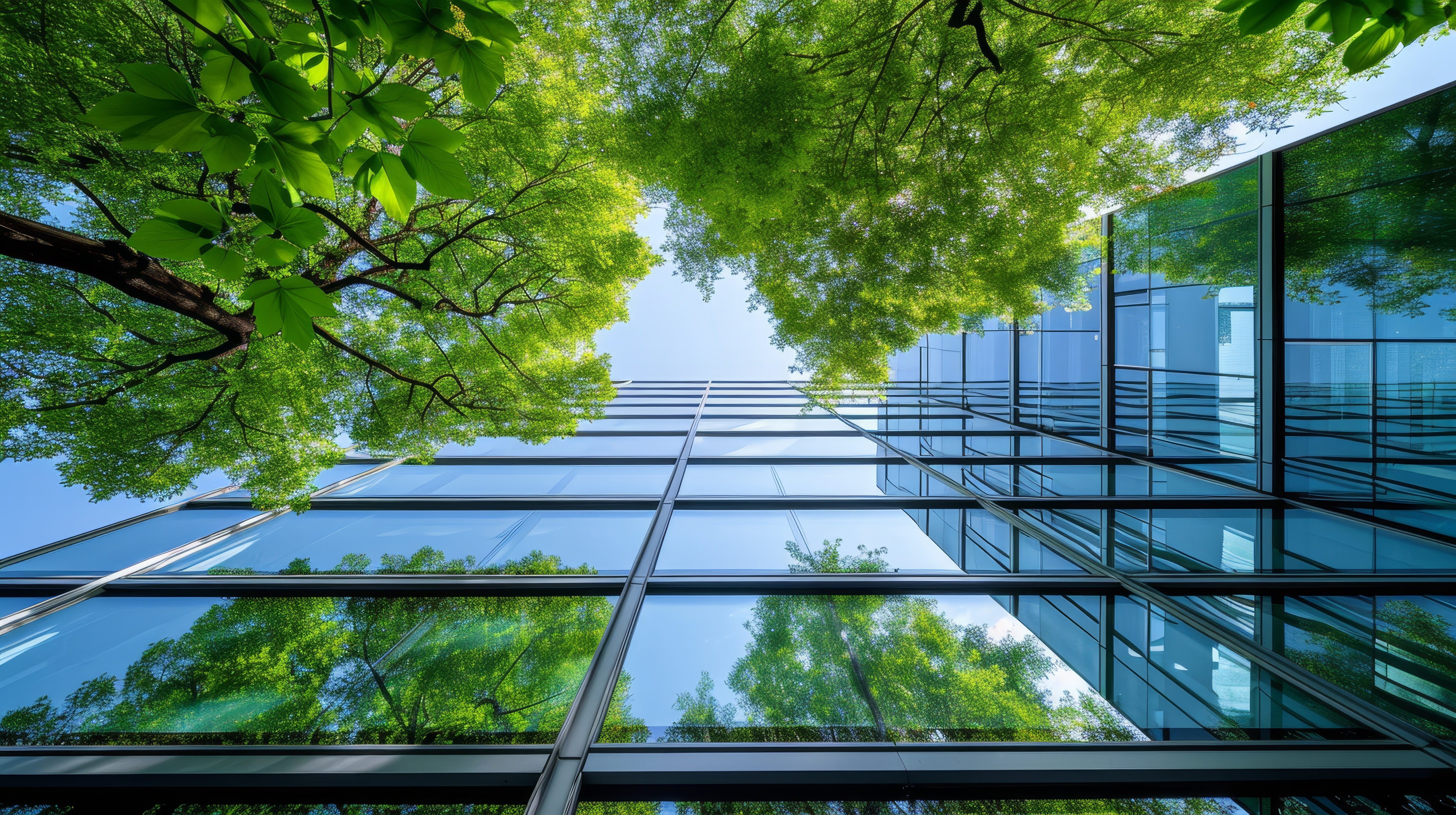 Trees reflecting on building