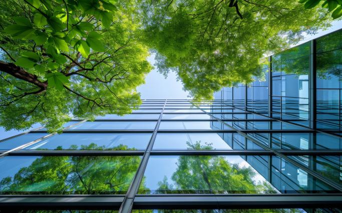 Trees reflecting on building