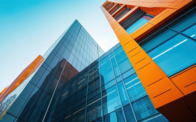 Glass building with orange siding