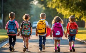 Children walking to school with backpacks