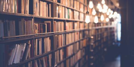 Library with hanging light bulbs